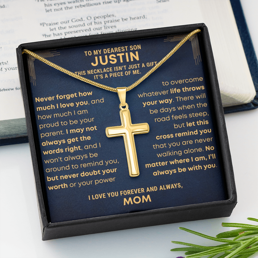 Gold Cross necklace in a message card with classic box. Gift for son from mom dad