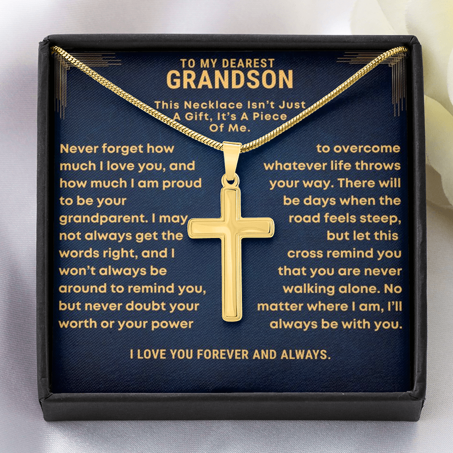 Gold cross necklace in a decorative box with sentimental message for grandson