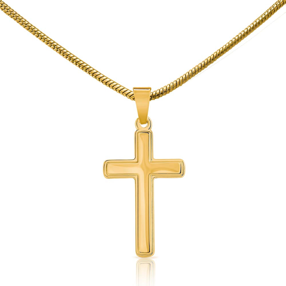 Close-up of cross necklace in 18K yellow gold finish, granddaughter gift necklace.