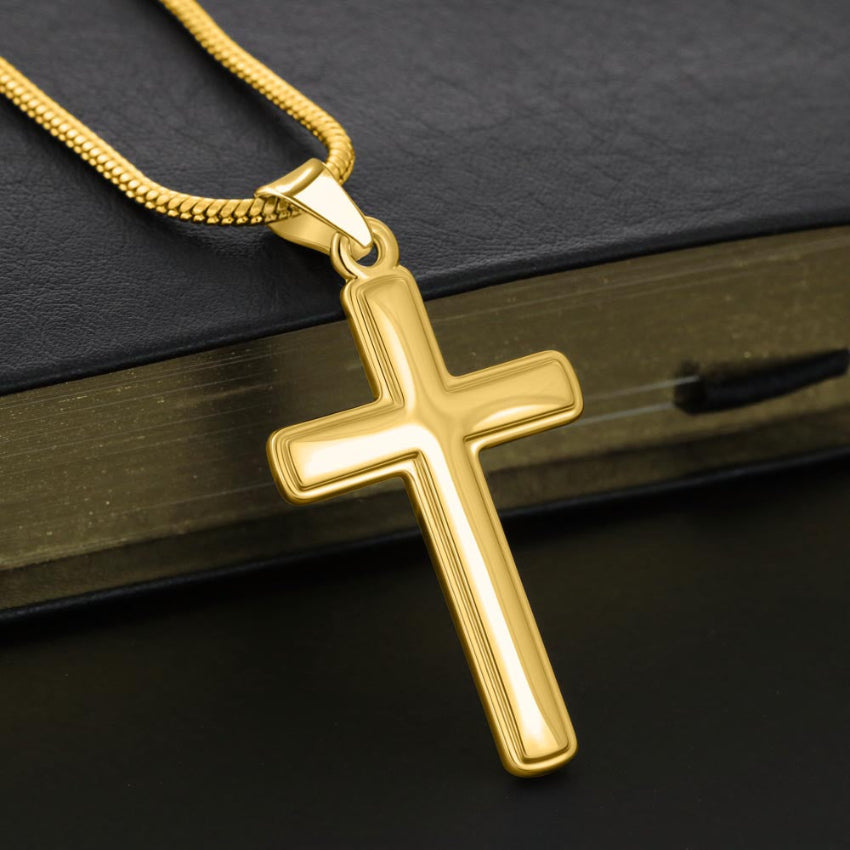 Gold Cross necklace gift for grandson with heartfelt message card. Inspirational Christian jewelry from Grandpa