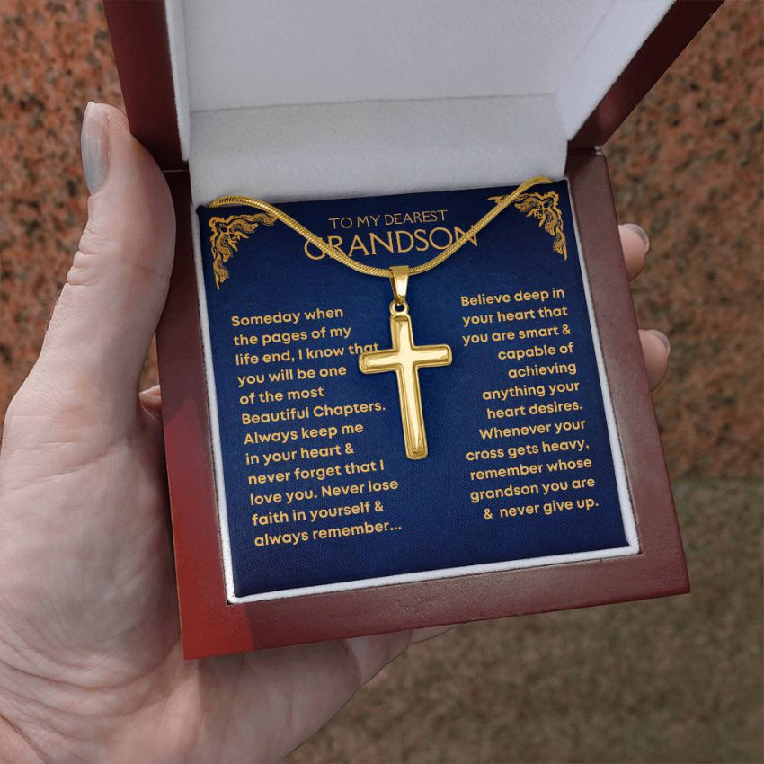 Gold cross necklace on a message card with a built-in LED spotlight in a red box. gift for grandson from grandma grandpa