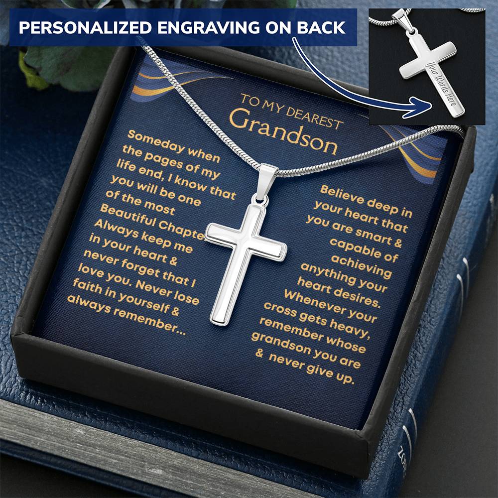 Personalized cross necklace for grandson with heartfelt message card from grandma and grandpa in luxury gift box