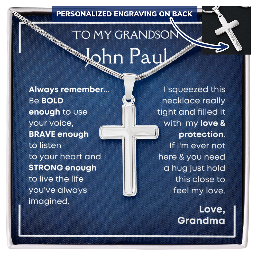 Personalized cross necklace with custom engraving on back — grandson gift from grandma or grandpa