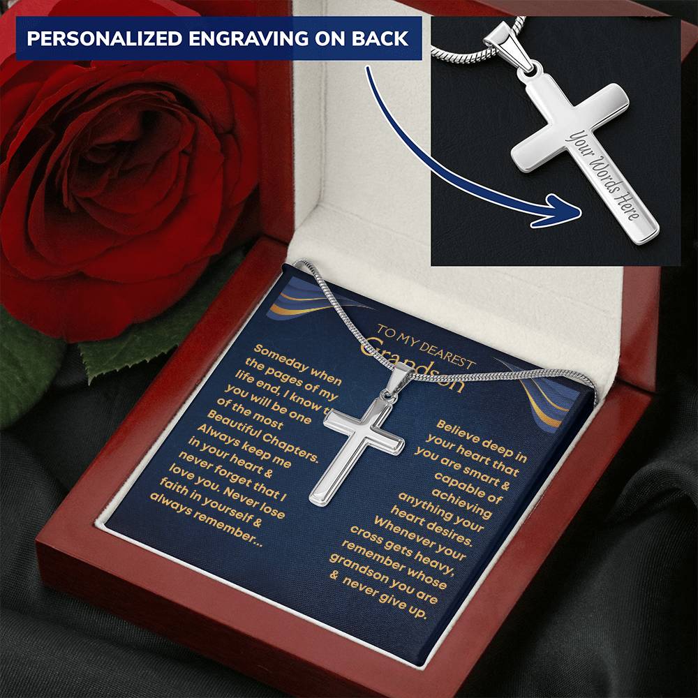 Personalized cross necklace for grandson with heartfelt message card from grandma and grandpa in luxury gift box.