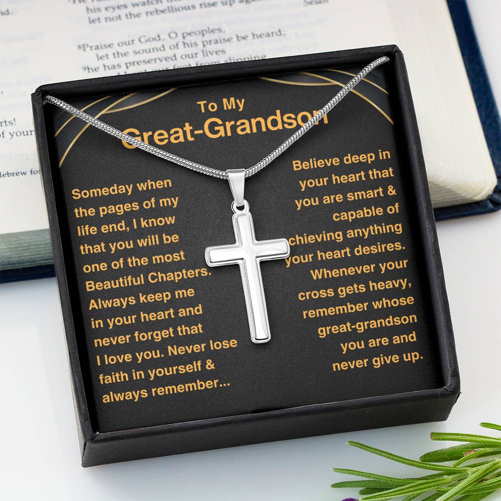 Great-Grandson, Never Give Up- Cross Necklace (GGS08)