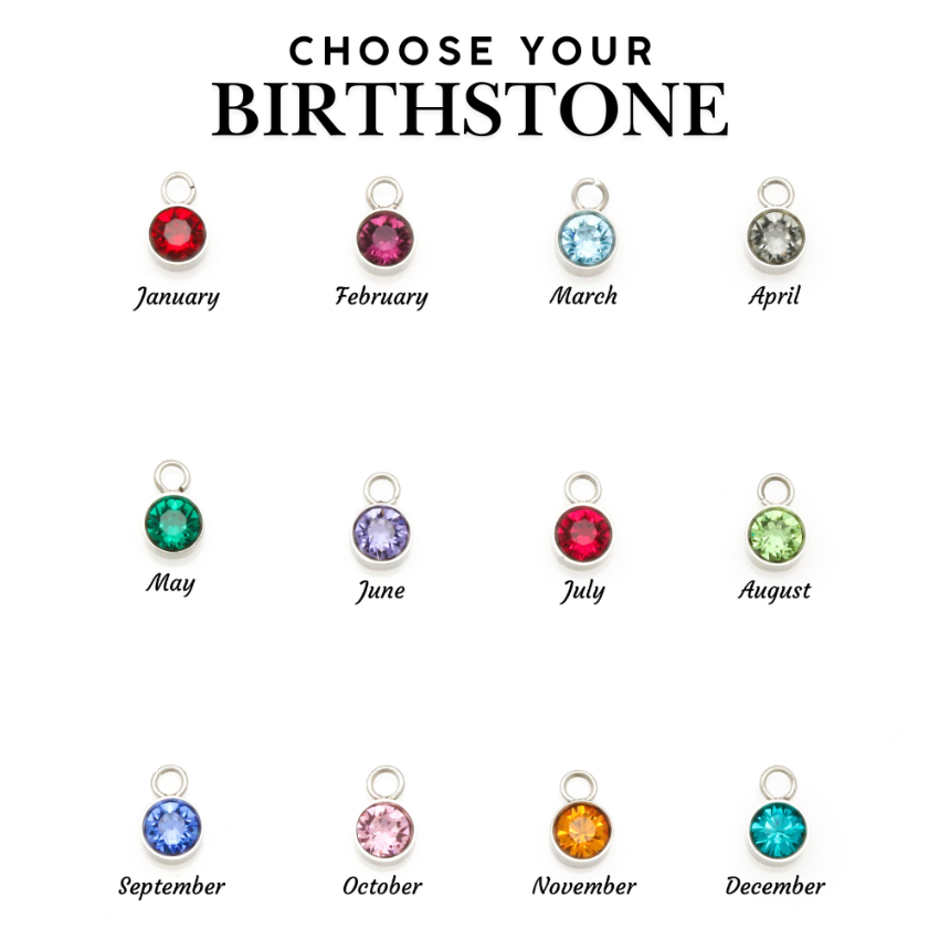 12 birthstone color options for personalized name necklace jewelry gift.