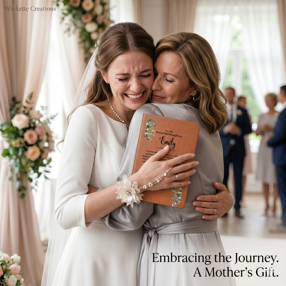 Personalized daughter's wedding journal from mom held by laughing bride in a mother-daughter embrace. Features custom engraved text and eucalyptus graphic by Winkette Creations.