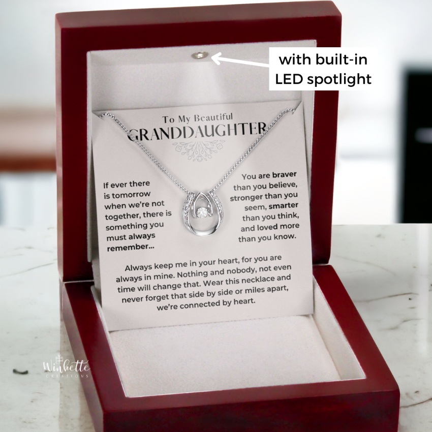 Lucky horseshoe necklace for granddaughter gift—white gold finish in luxury box with LED light. Gift from grandparents