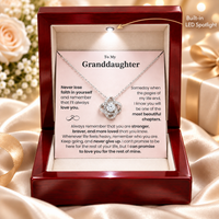 Thumbnail for Luxury red wooden jewelry box with built-in LED spotlight, silver Love Knot necklace, and pink “To My Granddaughter” message card, sentimental granddaughter gift from grandma.