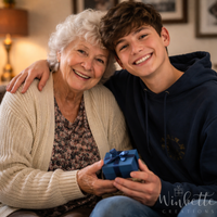 Thumbnail for Grandmother hugging her teenage grandson while giving him a cross necklace in a small gift box, sharing a proud and loving moment