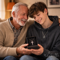 Thumbnail for Grandfather and grandson lifestyle photo — silver cross necklace meaningful keepsake gift.