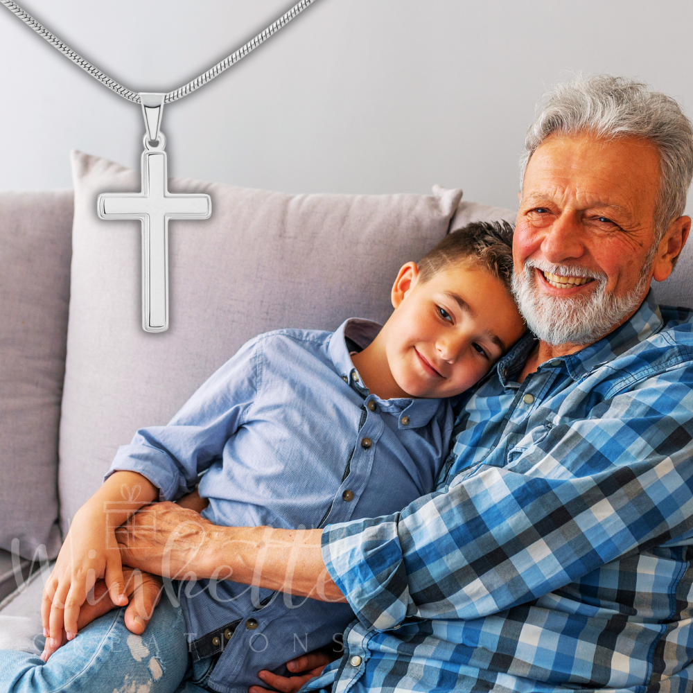 Personalized cross necklace for grandson and heartfelt message from grandpa.