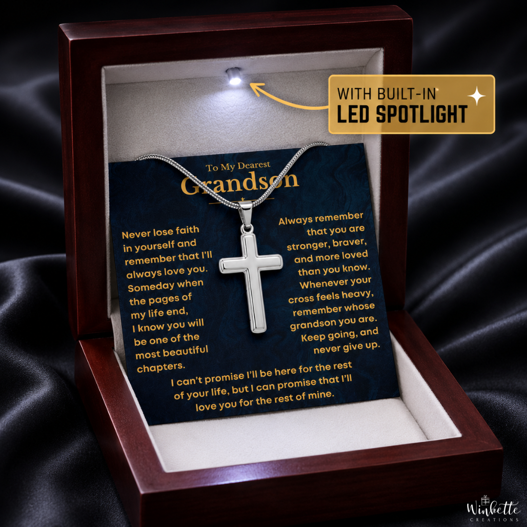 Silver cross necklace in a wooden box with a message and LED spotlight feature. Gift for grandson from grandma or grandpa