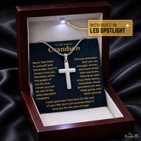 Thumbnail for Silver cross necklace in a wooden box with a message and LED spotlight feature. Gift for grandson from grandma or grandpa