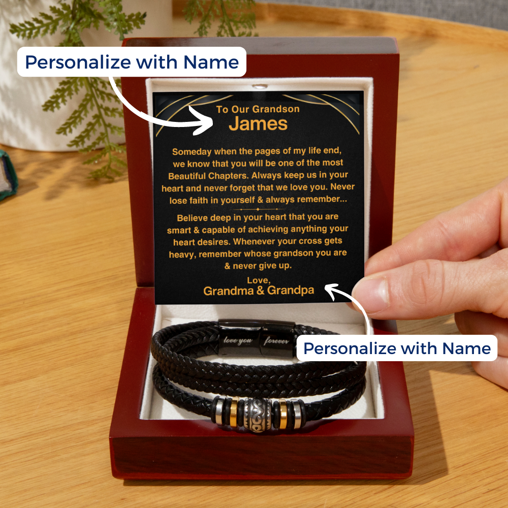 A leather bracelet with a stainless steel magnetic clasp, displayed in a luxury box with a personalized message card for grandson from grandma grandpa