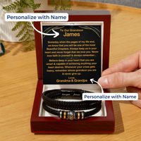 Thumbnail for A leather bracelet with a stainless steel magnetic clasp, displayed in a luxury box with a personalized message card for grandson from grandma grandpa