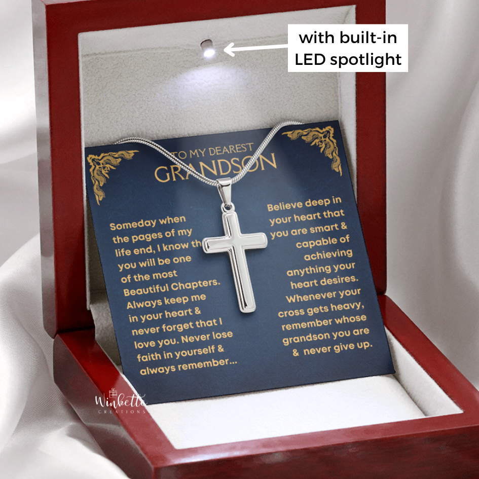 Silver cross necklace on a card with text in a red box with LED spotlight. gift for grandson from grandma grandpa