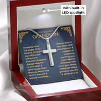 Thumbnail for Silver cross necklace on a card with text in a red box with LED spotlight. gift for grandson from grandma grandpa