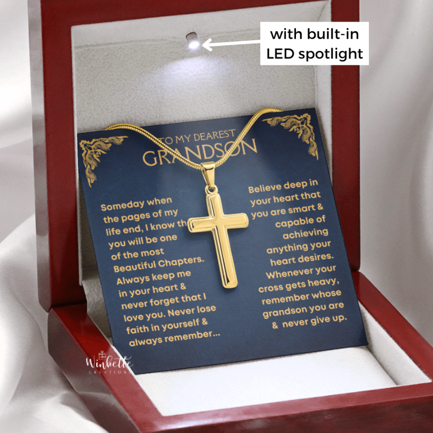 Gold cross necklace on a message card with a built-in LED spotlight in a red box. gift for grandson from grandma grandpa