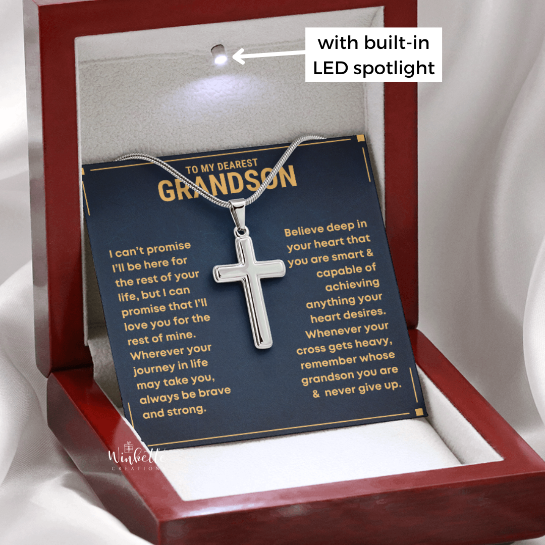 Silver cross necklace with sentimental message card in a red box with LED lighting. Gift for grandson from grandma  grandpa