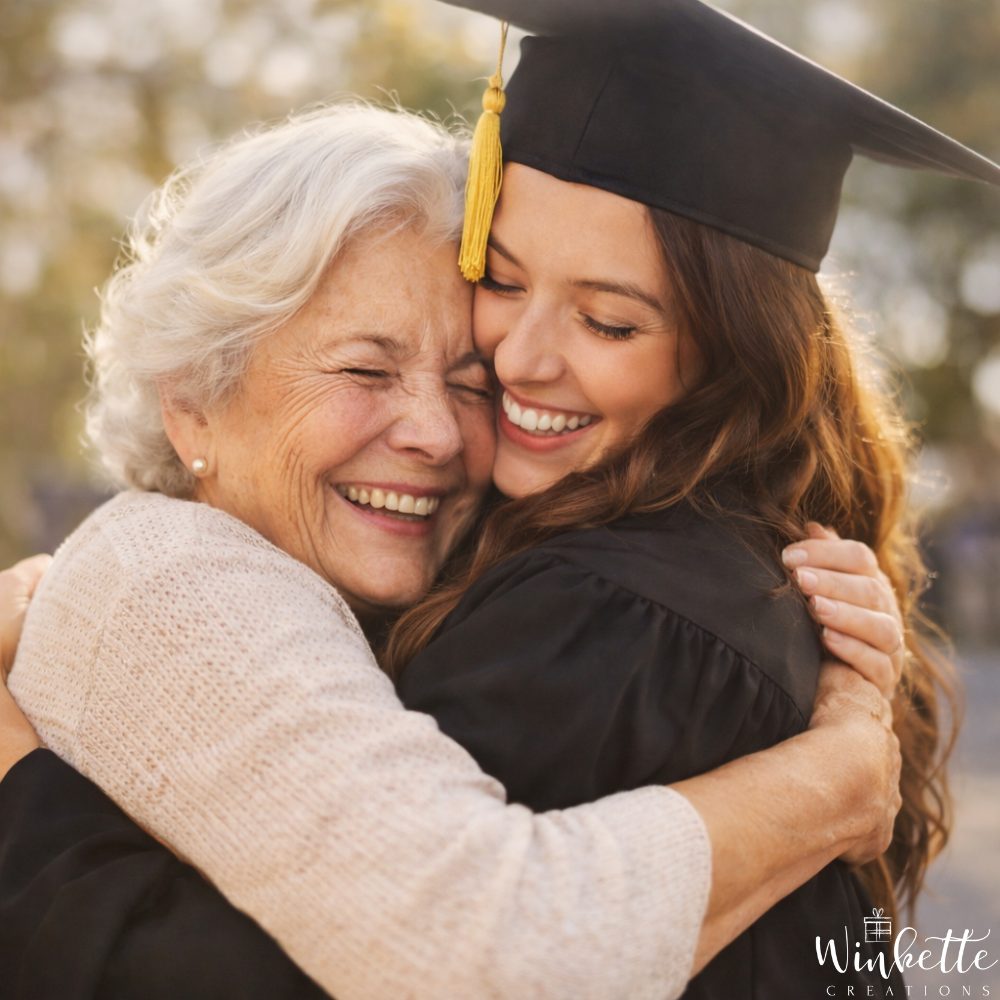 Graduating granddaughter hugging her grandma outdoors