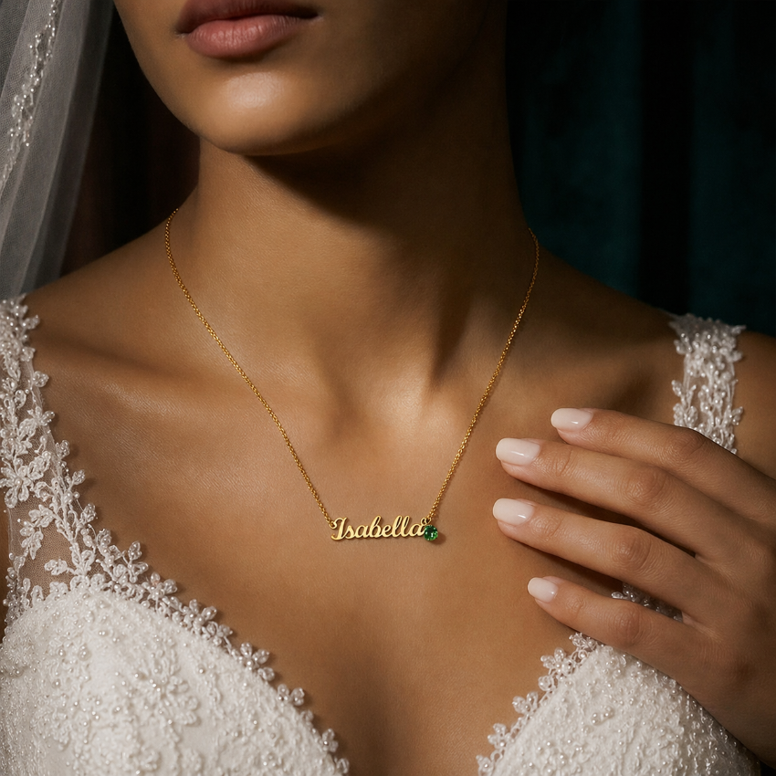 Lifestyle photo personalized gold name necklace with birthstone charm bridal gift.