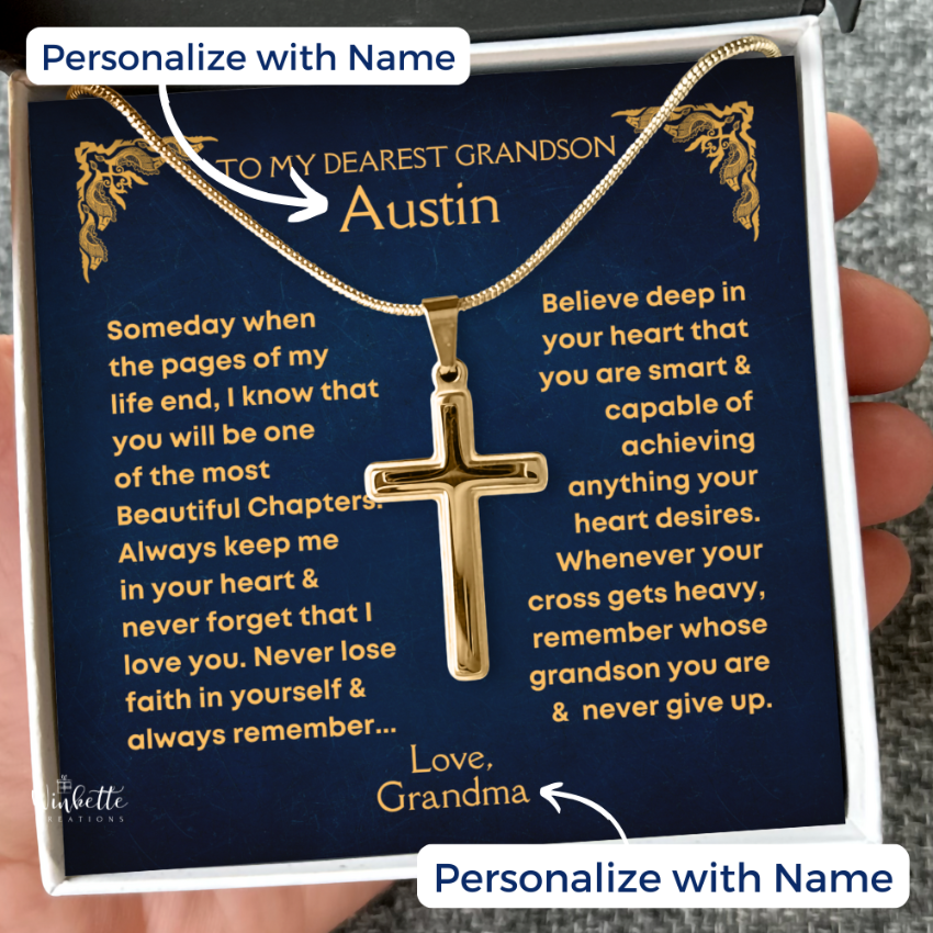 Gold Cross necklace gift for grandson with personalized message card. Inspirational Christian jewelry from Grandpa