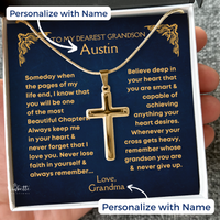 Thumbnail for Gold Cross necklace gift for grandson with personalized message card. Inspirational Christian jewelry from Grandpa