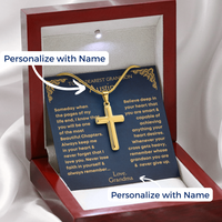 Thumbnail for Gold Cross necklace gift for grandson with personalized message card. Inspirational Christian jewelry from Grandpa