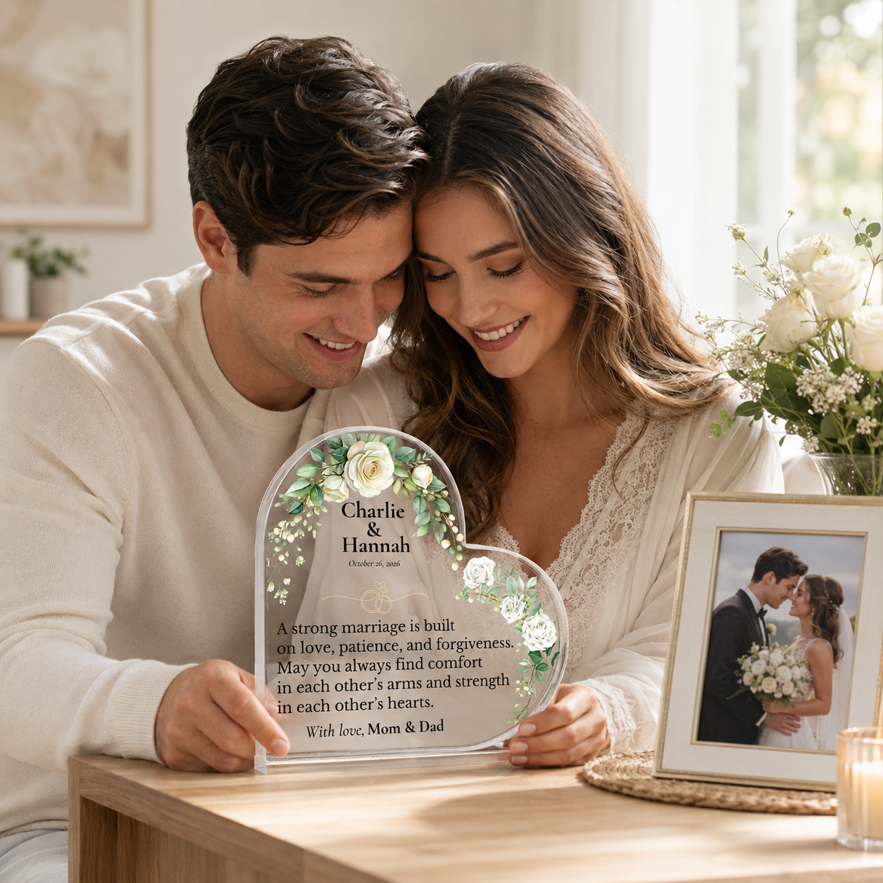 A couple holds a heart-shaped clear acrylic keepsake plaque with floral graphics and personalized wedding text, with a framed wedding photo on the table beside them in a softly lit indoor setting.