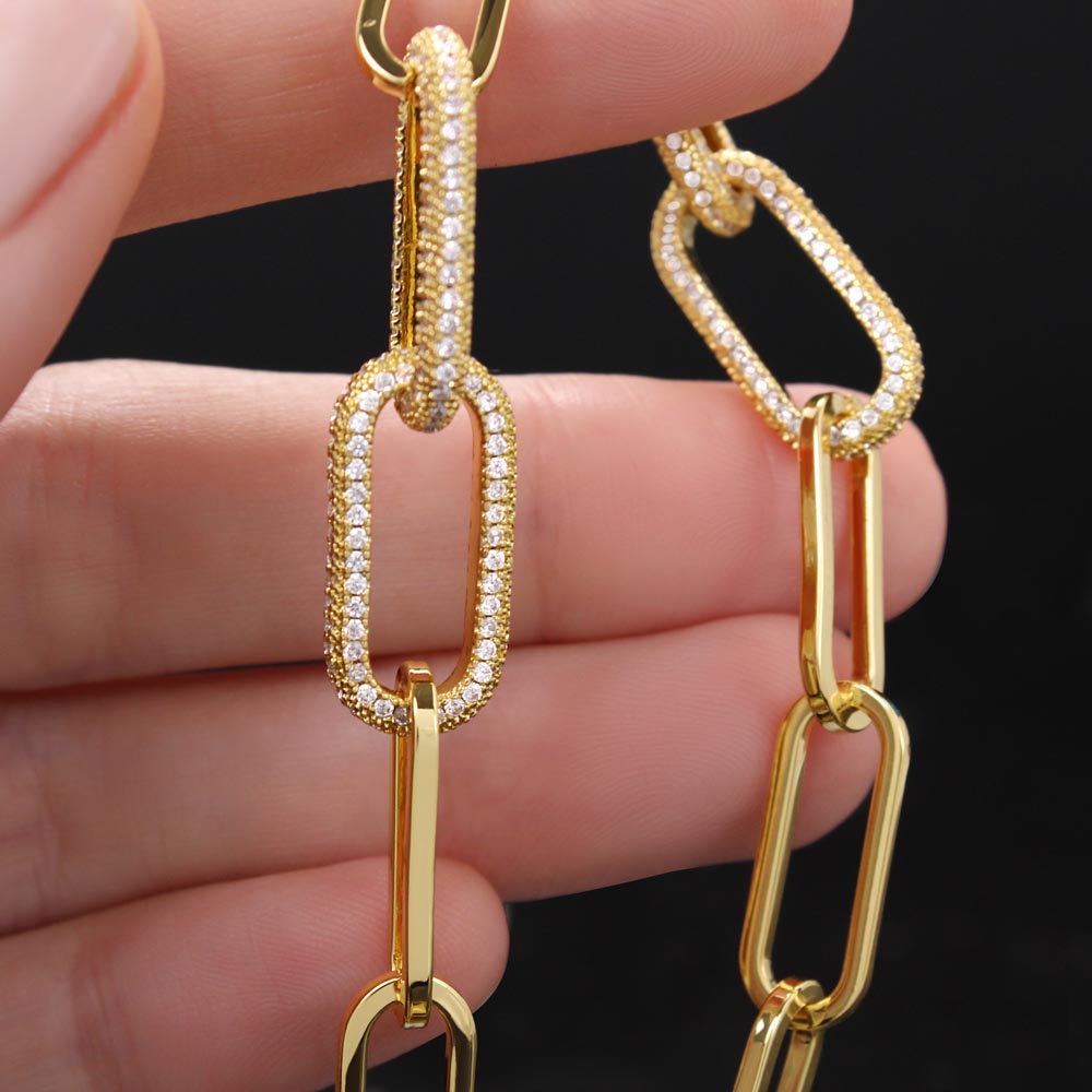 A gold-colored paperclip chain necklace with cubic zirconia crystals, birthday gift fro wife.