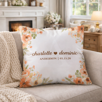 Thumbnail for Decorative pillow with floral design and personalized text on a couch in a cozy living room. Personalized Wedding gift for couple