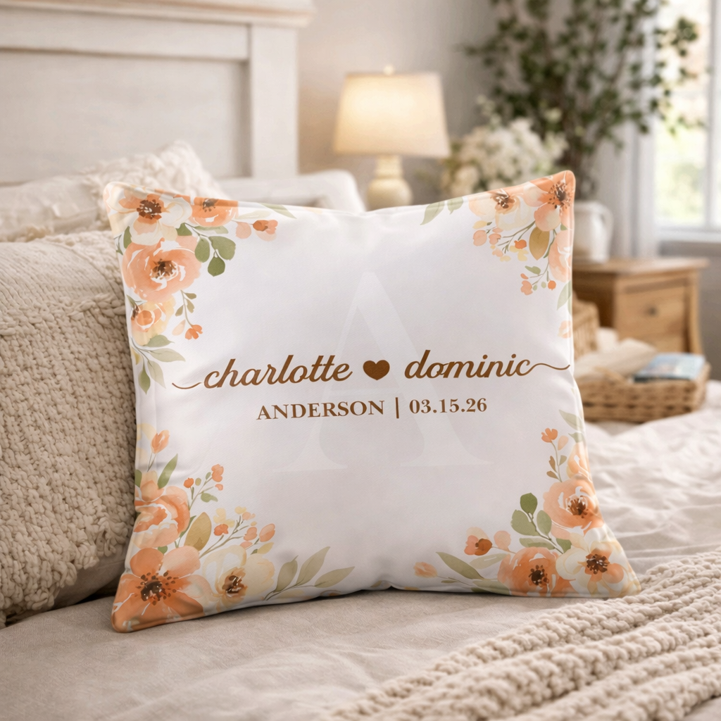 Monogram pillow with floral design and personalized text on a bed in a bedroom setting. Personalized Wedding gift for couple