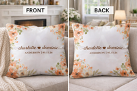 Thumbnail for Floral-patterned pillow with personalized text on a couch, shown from front and back views.