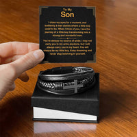 Thumbnail for A black cross bracelet with handcrafted braided vegan leather, presented in a box with a personal message for a son. Gift for son from parents
