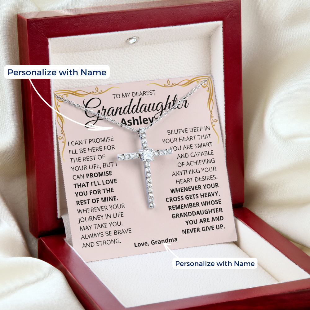 Granddaughter, Never Give Up - CZ Cross Necklace W/ Personalized Message Card