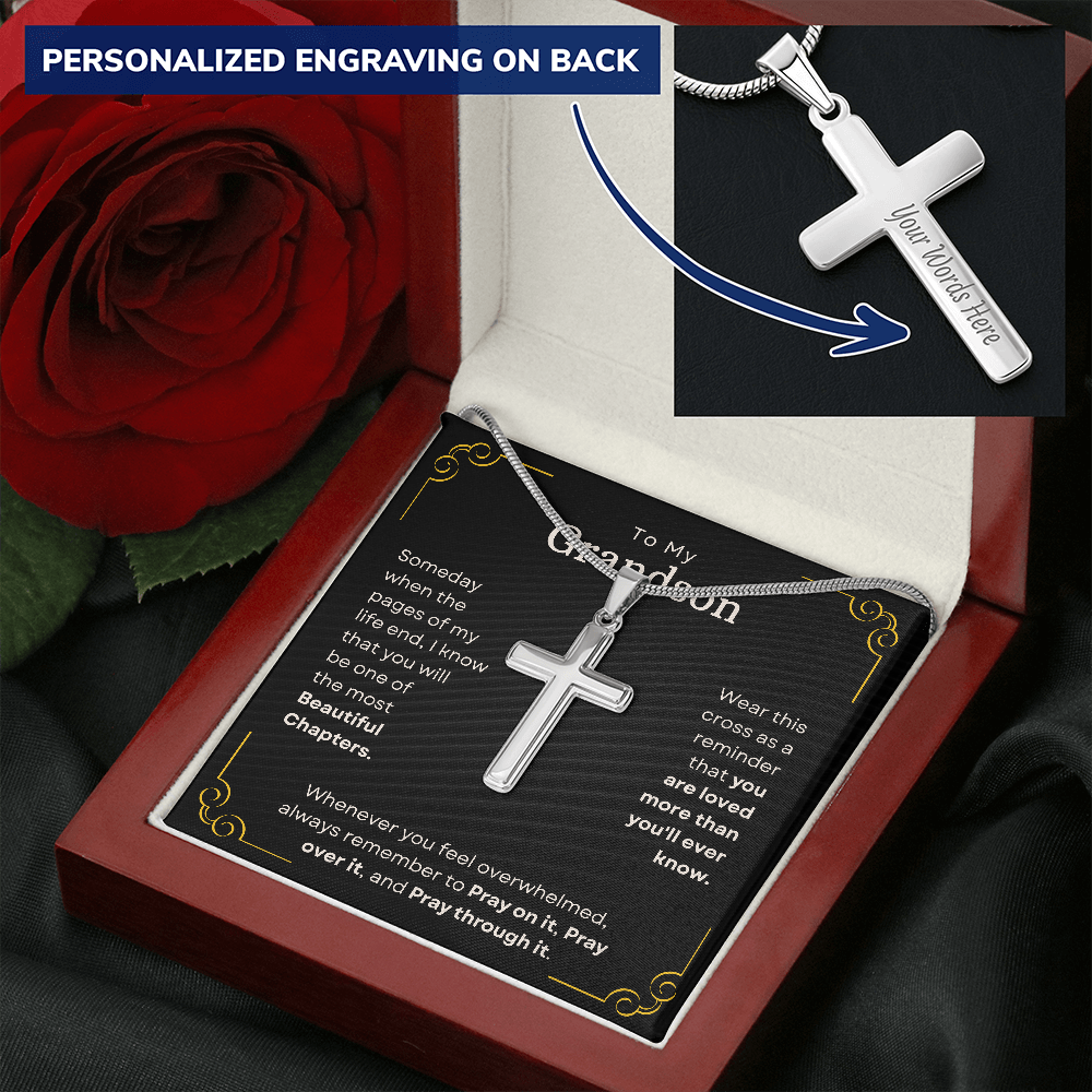 Personalized cross necklace for grandson with heartfelt message card from grandma and grandpa in luxury gift box