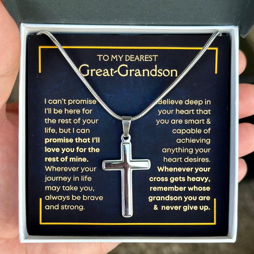 Great-Grandson, Never Give Up - Cross Necklace