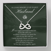 Thumbnail for An infinity heart-shaped necklace on an adjustable chain, presented in a box with a message for a husband.