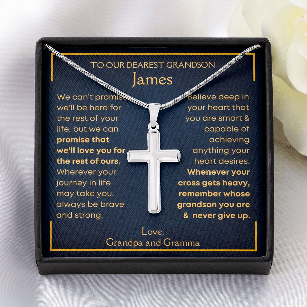 Grandson, Never Give Up - Cross Necklace - Personalized Message Card