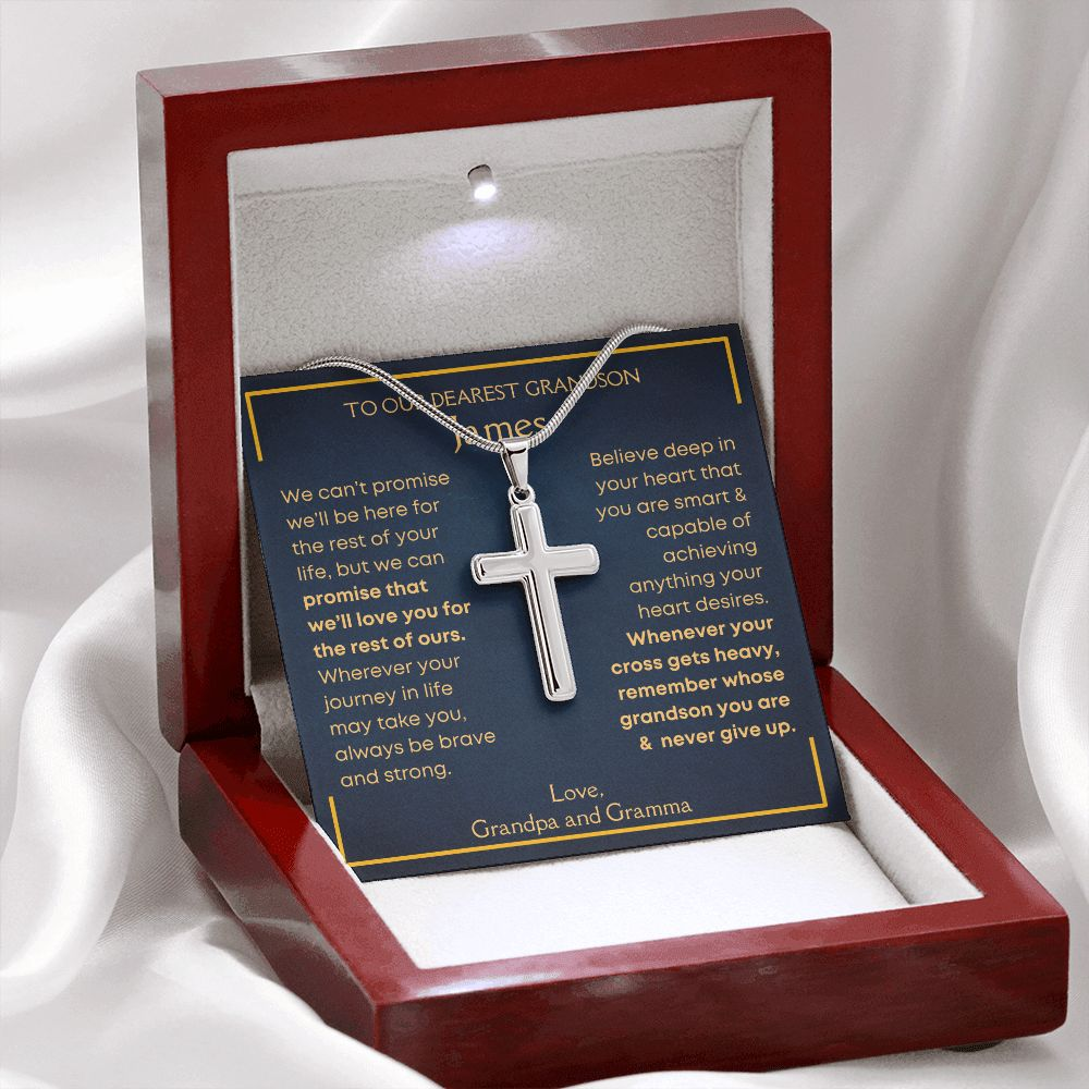 Grandson, Never Give Up - Cross Necklace - Personalized Message Card