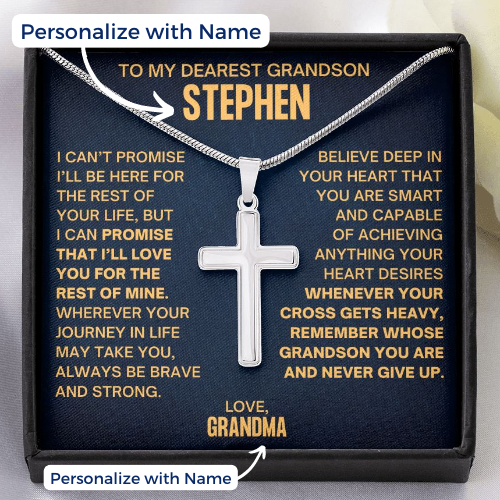 To My Grandson, Never Give Up - Cross Necklace W/ Personalized Message Card