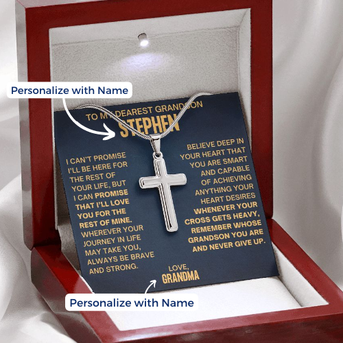 To My Grandson, Never Give Up - Cross Necklace W/ Personalized Message Card