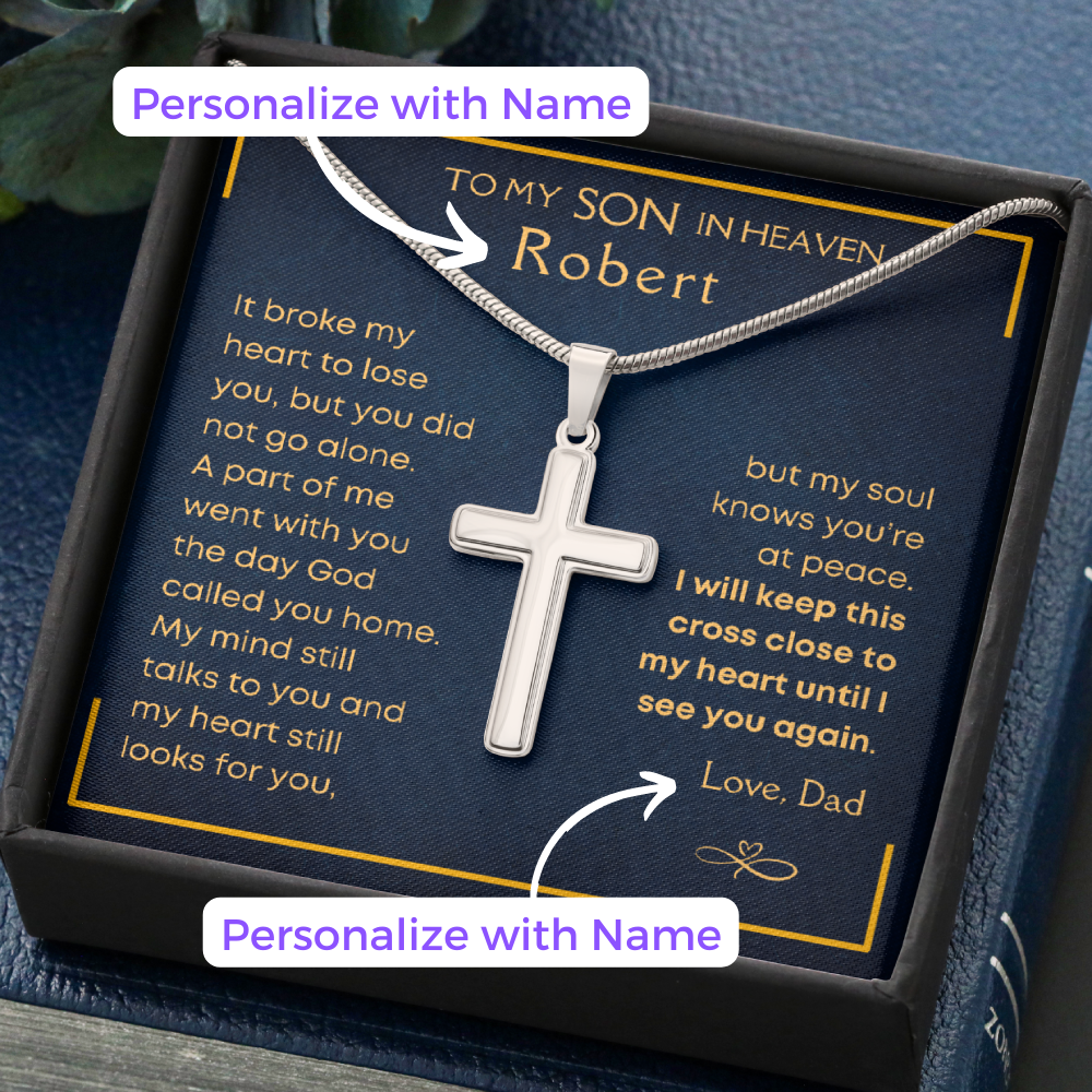 Son In Heaven, Until I See You Again - Cross Necklace - Personalized Message Card