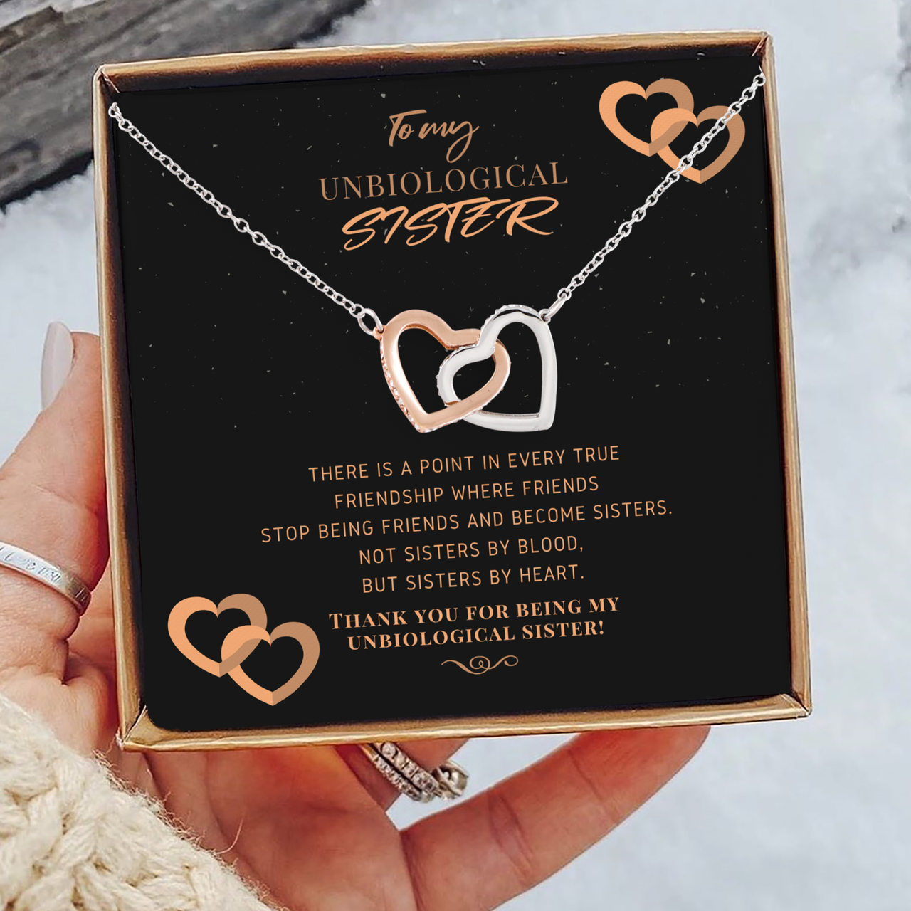 To My Unbiological Sister, Sisters By Heart - Interlocking Hearts Necklace