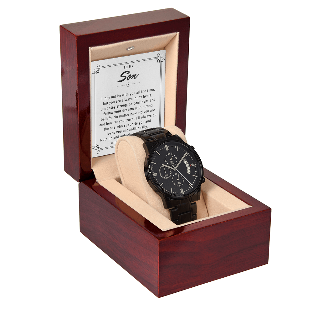 To My Son, Follow Your Dreams - Black Chronograph Watch with Luxury Box