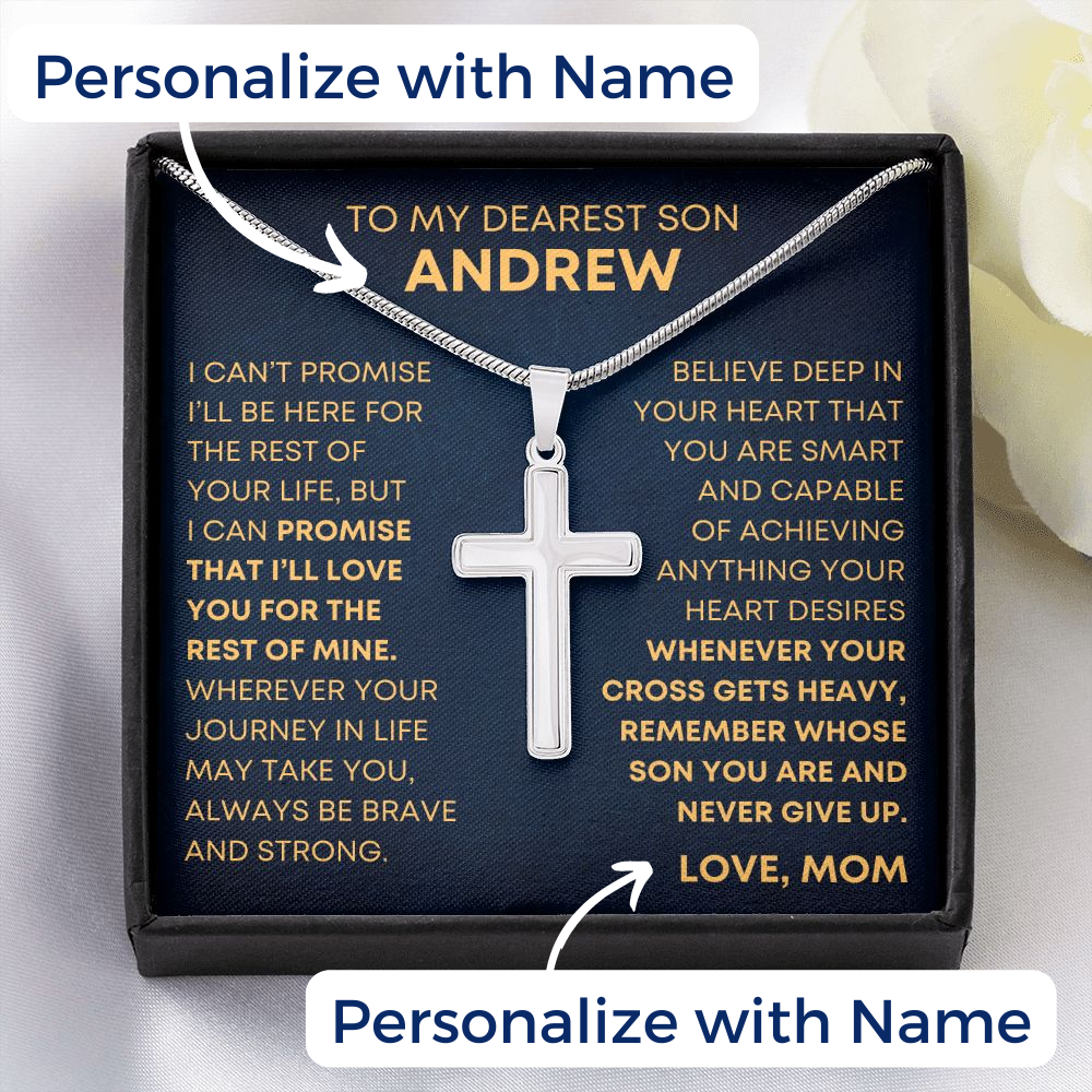 Son, Never Give Up - Cross Necklace W/ Personalized Message Card